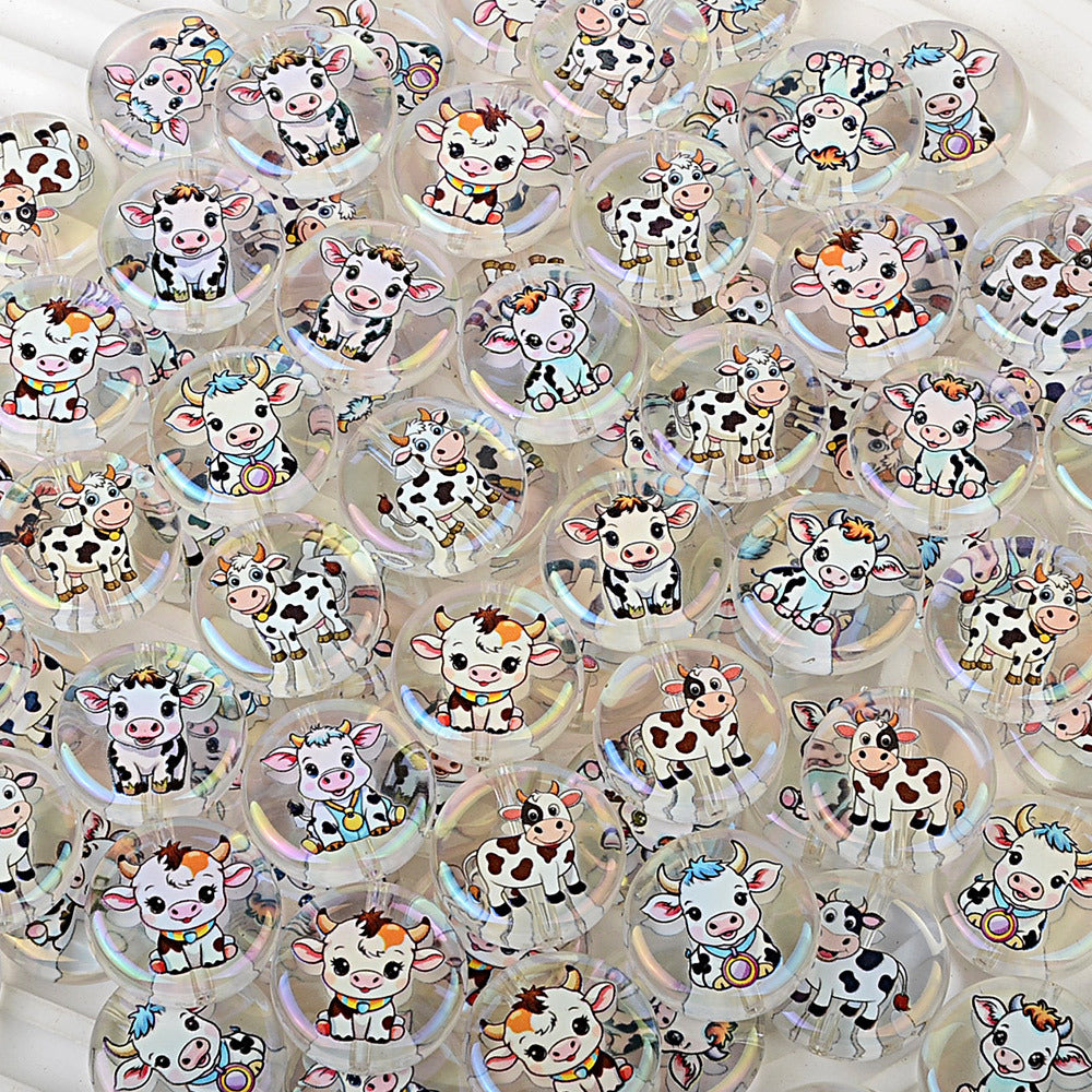 100Pcs acrylic printing cartoon small cow round vertical hole beads DIY mobile phone rope keychain string pen matching