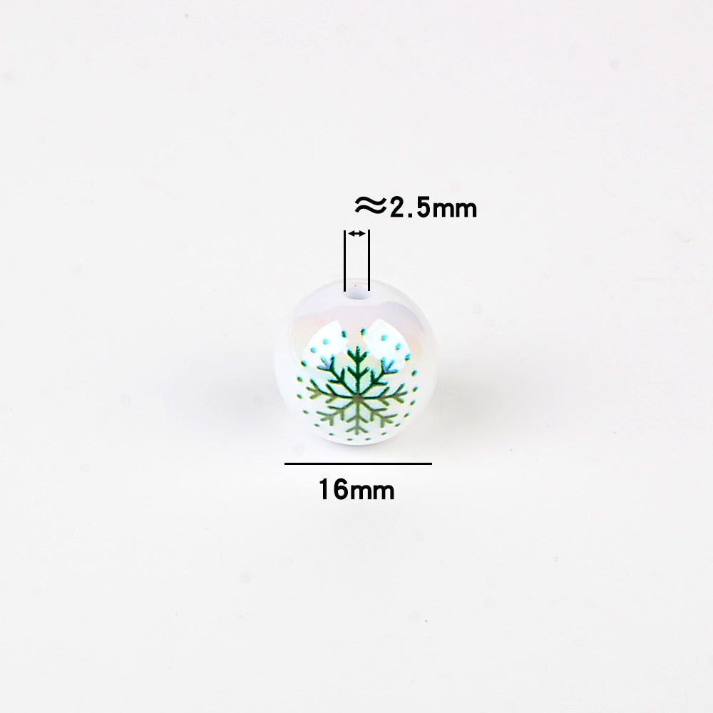 100Pcs 16mm acrylic white bead print red and green mixed color snowflake through hole beaded DIY handmade material jewelry accessories wholesale