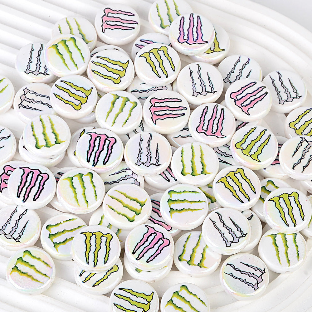 100Pcs uv color-plated big-name magic claws printing straight-hole flat beads DIY mobile phone rope key jewelry accessories