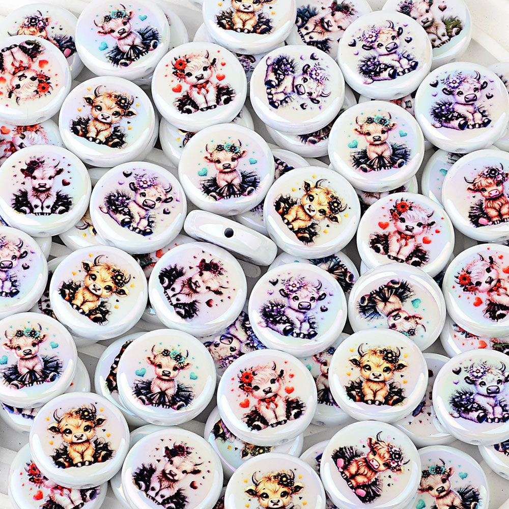 100Pcs acrylic double-sided printing cow head pattern straight hole round beads DIY mobile phone rope keychain string pen accessories wholesale