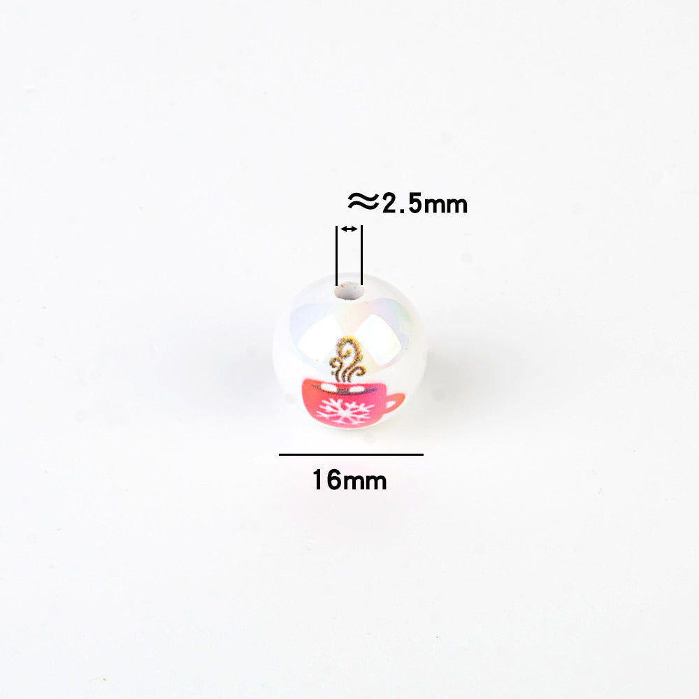100Pcs 16mm acrylic printed Christmas snowflake coffee cup pattern round bead DIY bead pen mobile phone chain key accessories