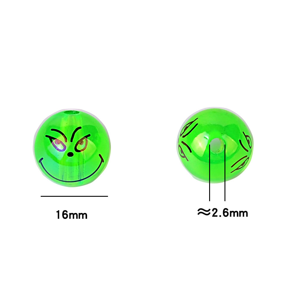 100Pcss 16mm fluorescent green Grinch expression acrylic through-hole round beads DIY handmade jewelry loose bead accessories wholesale