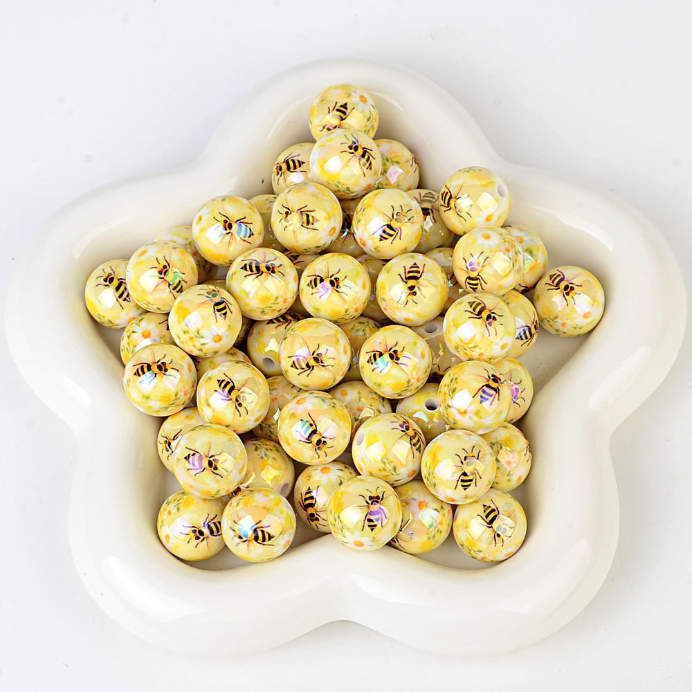 100Pcs acrylic plated cute little bee through hole round beads DIY handmade beaded necklace earrings bracelet accessories loose beads