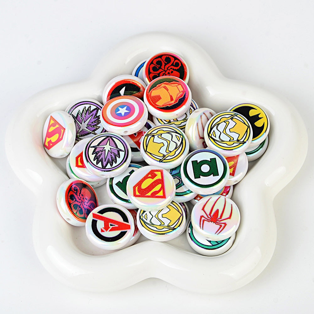100Pcs 24mm double-sided print Marvel superhero straight hole disc beads DIY mobile phone chain ornament bead pen accessories