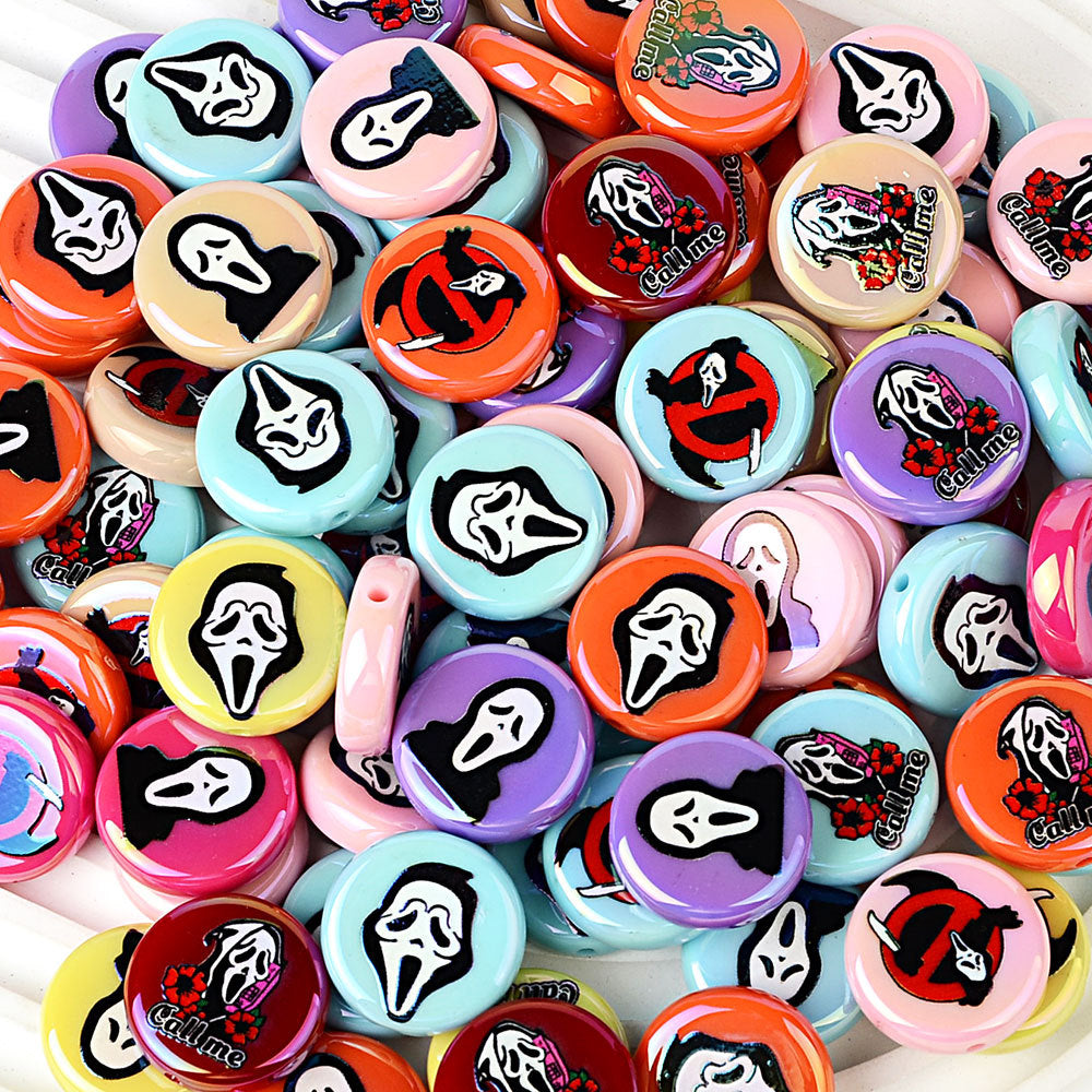 100Pcs 16mm Halloween grimace double-sided printed through-hole round beads DIY bead pen car hanging mobile phone chain loose bead accessories