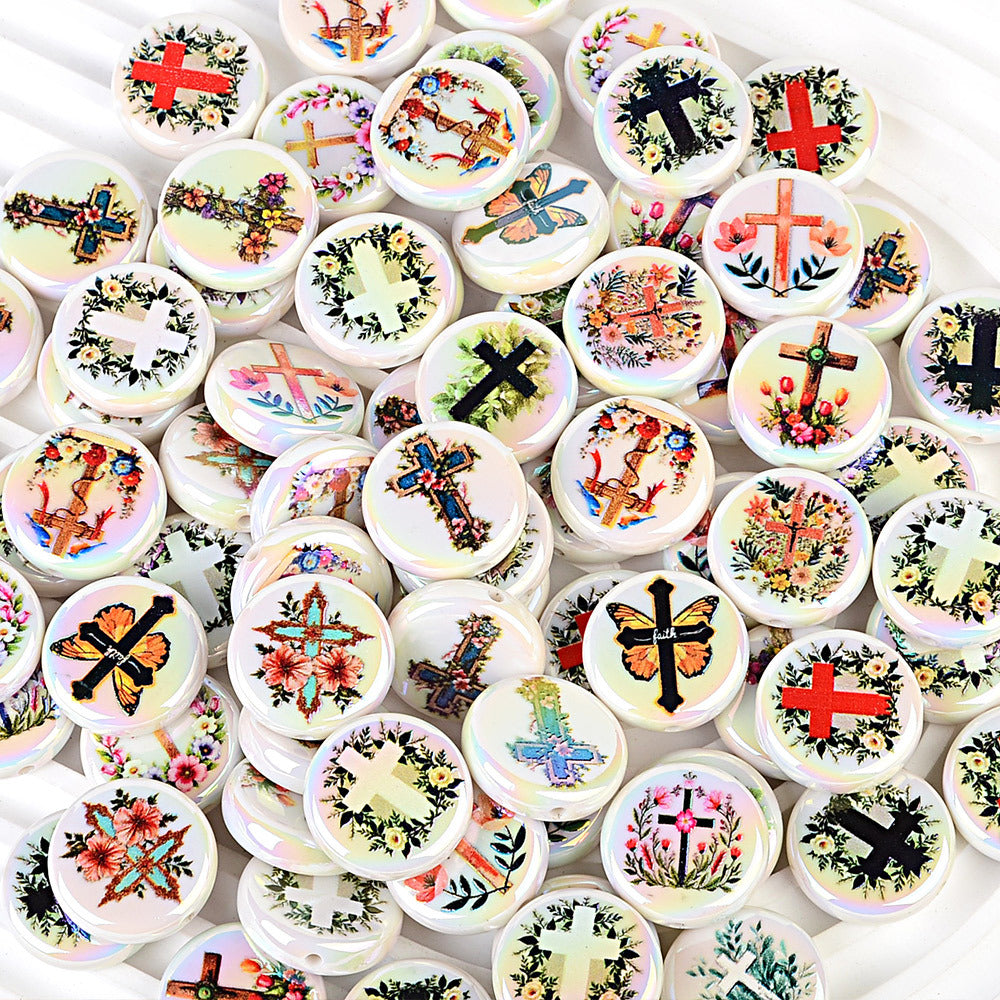 100Pcs new acrylic wreath solid color printing round bead cross straight hole bead loose bead DIY bracelet jewelry accessories