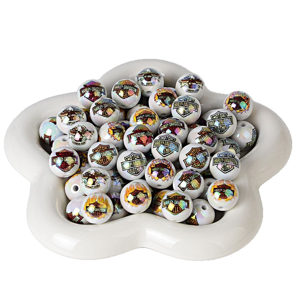 100Pcs 16mm acrylic printed Harley shield straight hole round beads DIY mobile phone chain bead pen hanging accessories