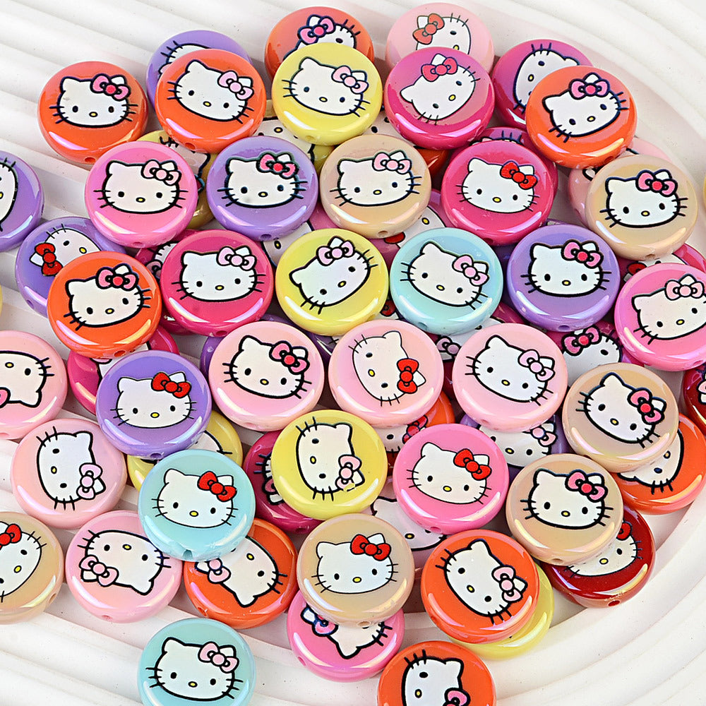 100Pcs acrylic loose beads double-sided printed hallo KT cat straight hole disc beads DIY jewelry mobile phone chain bead pen with