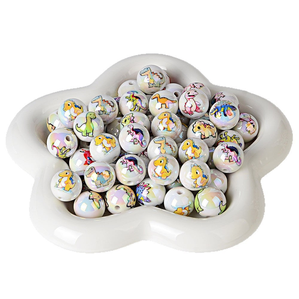 100Pcs 16mm acrylic solid color printing cartoon dinosaur theme straight hole round beads, handmade DIY mobile phone rope jewelry accessories