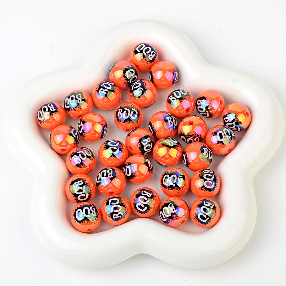 100Pcs 16mm Halloween BOO printed acrylic loose beads decorative round beads handmade DIY bead pen accessories