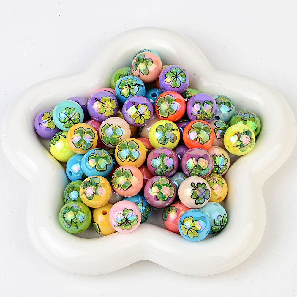 100Pcs 16mm acrylic printing four-leaf clover through-hole round beads DIY Douyin live broadcast mobile phone rope keychain pen accessories