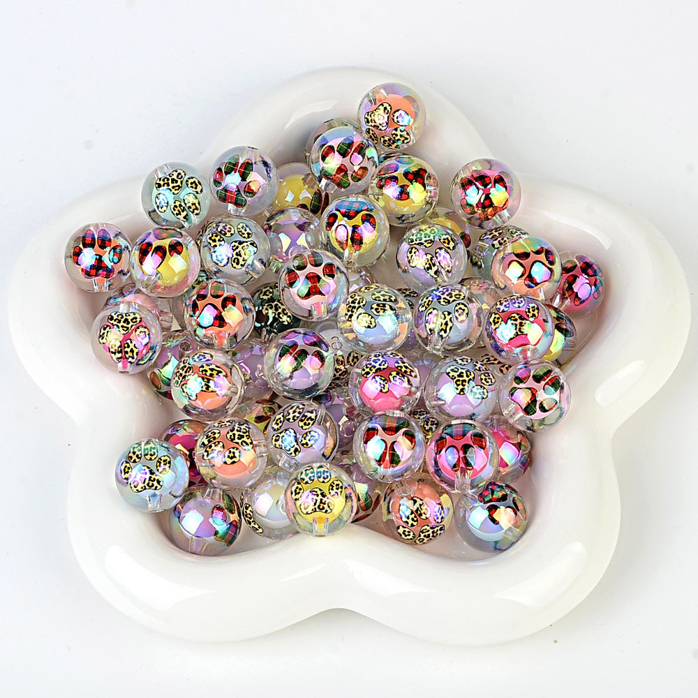 100Pcs 16mm acrylic plated uv leopard pattern plaid printing cat paw printing straight hole round beads DIY handmade loose beads jewelry accessories