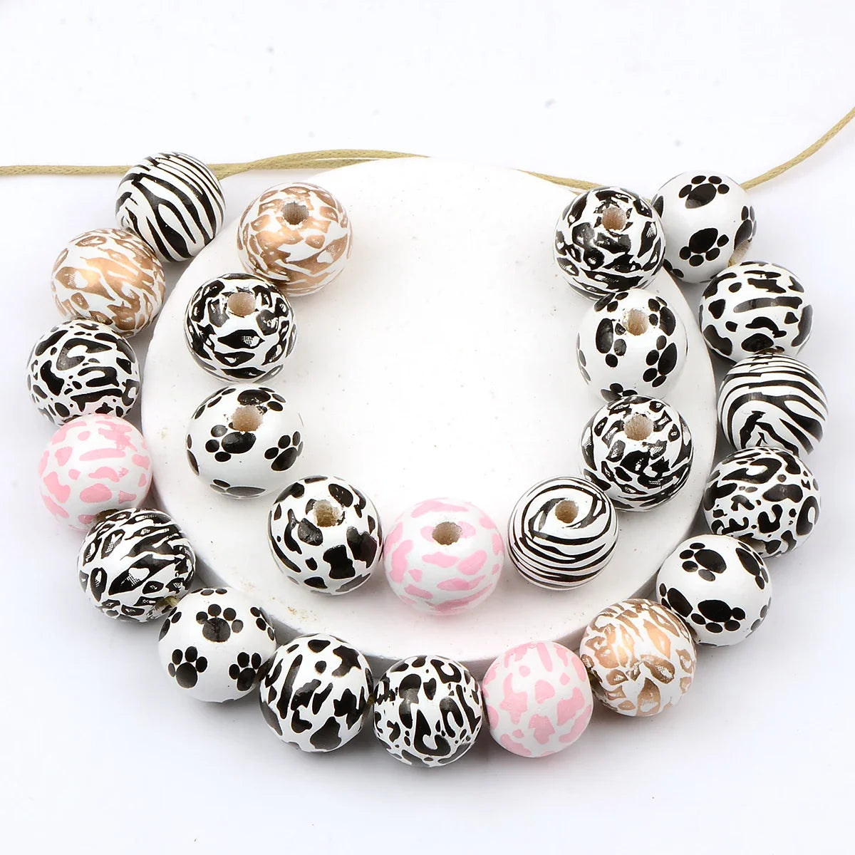 15pcs Hand painted various animal stripes wood beads Charm Large Hole Bead for Gift DIY Necklace Bracelet Jewelry Accessories