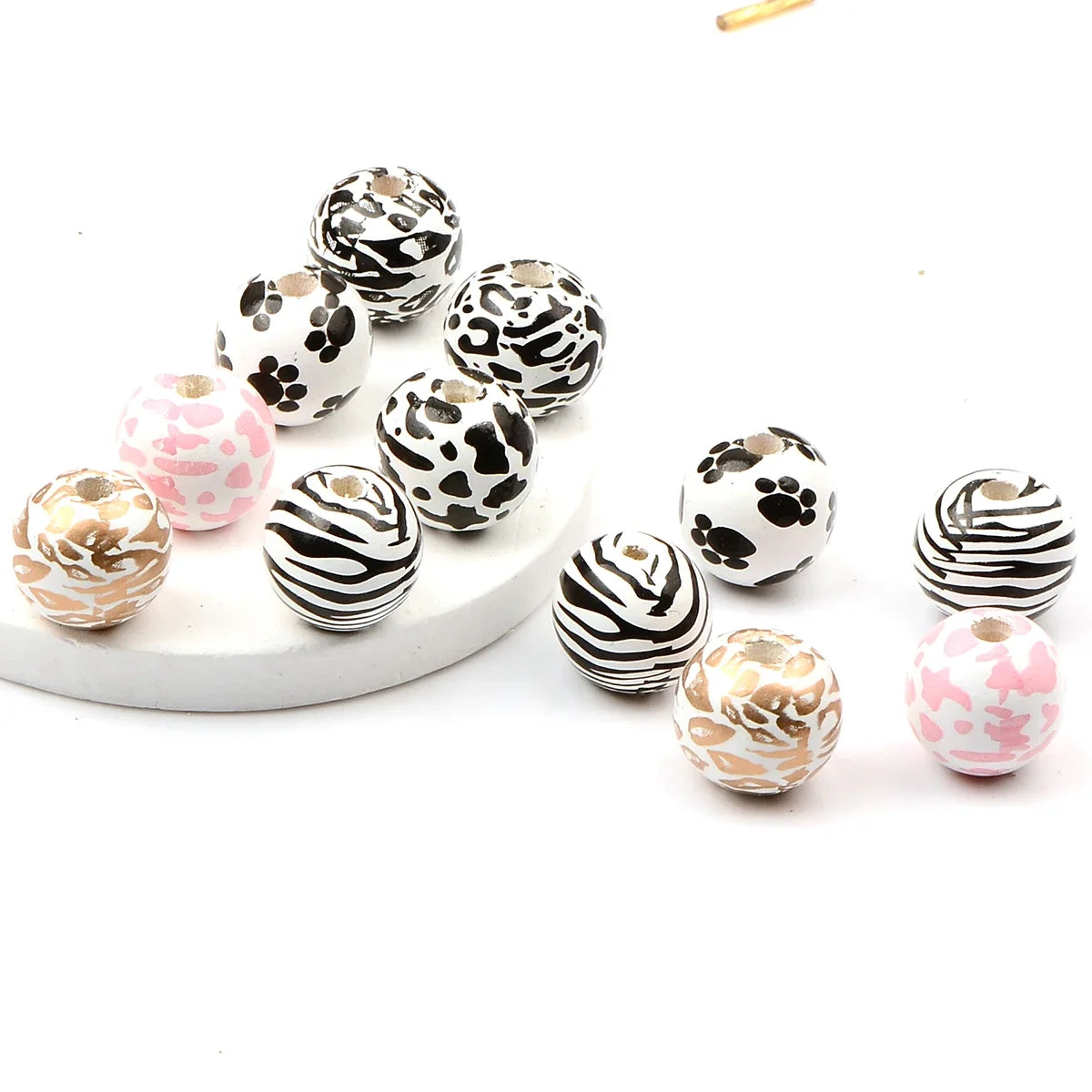 15pcs Hand painted various animal stripes wood beads Charm Large Hole Bead for Gift DIY Necklace Bracelet Jewelry Accessories