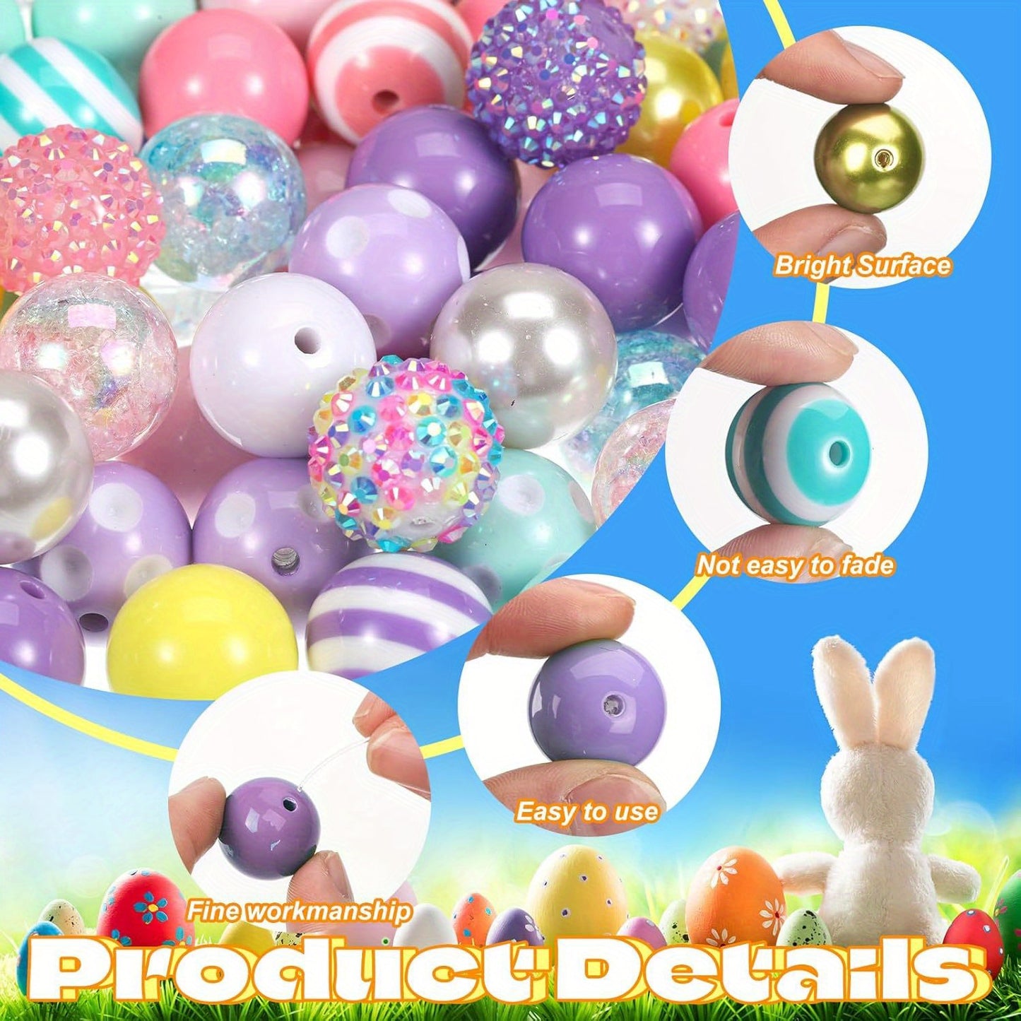 100pcs Easter 20 mm Bubblegum Beads Set Bulk Mixed Easter Jewelry Making Colorful Chunky Beads for Necklace Craft Holiday Supplies