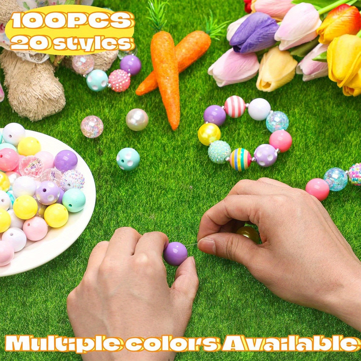 100pcs Easter 20 mm Bubblegum Beads Set Bulk Mixed Easter Jewelry Making Colorful Chunky Beads for Necklace Craft Holiday Supplies