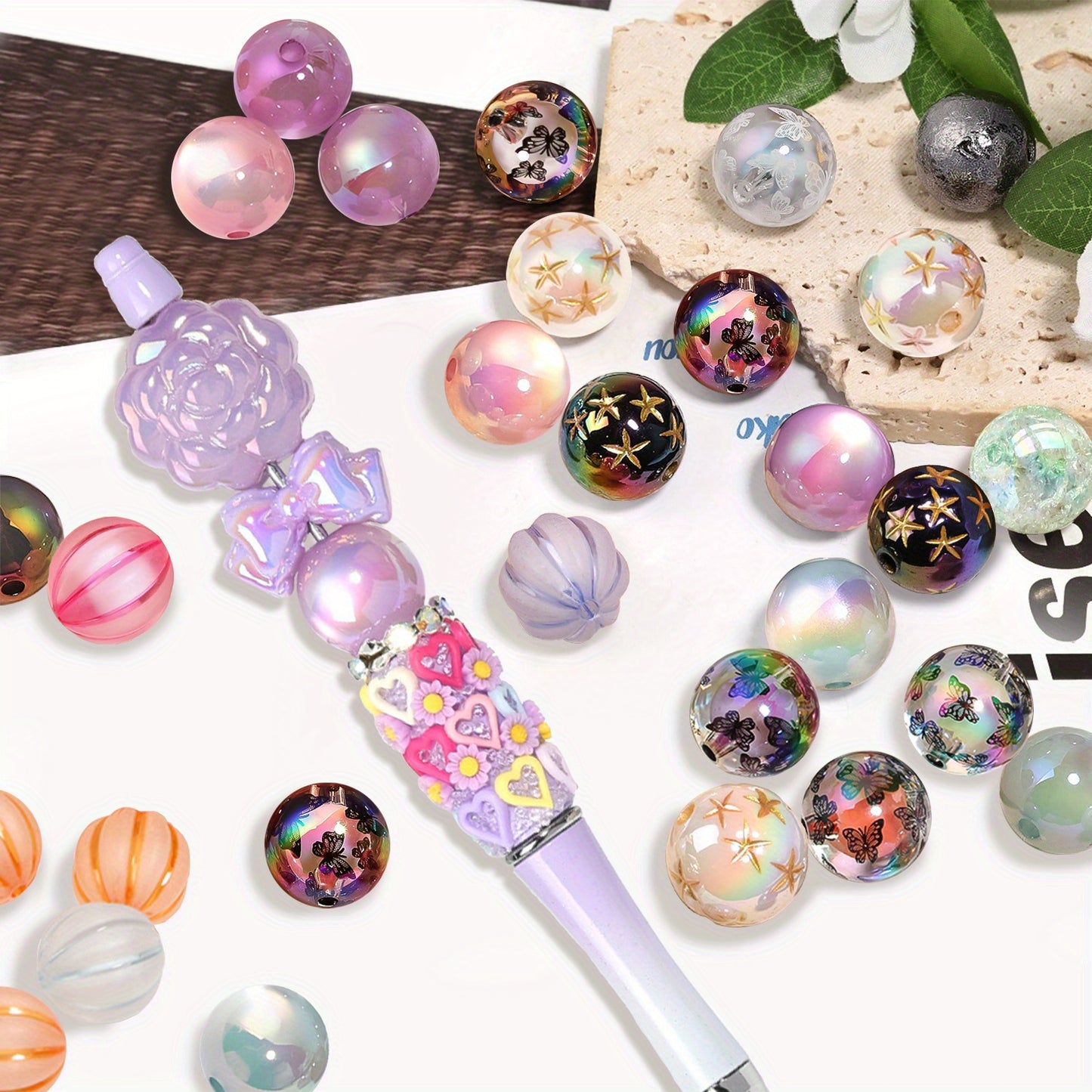 100pcs 16mm Assorted Acrylic and Resin Beads Transparent Printed Cat Eye Crackle Inner Beads for DIY Beadable Pens Keychains Phone Charms Crafts