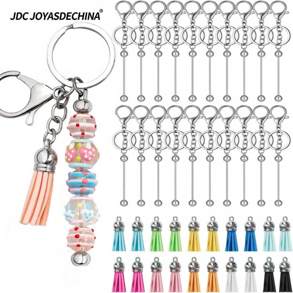 40pcs Beadable Keychains Bars Metal Beaded Keychain Blank Keychain Strips and Colorful Leather Keychain Tassel Loose for DIY Keychain Pendant Jewelry Crafts