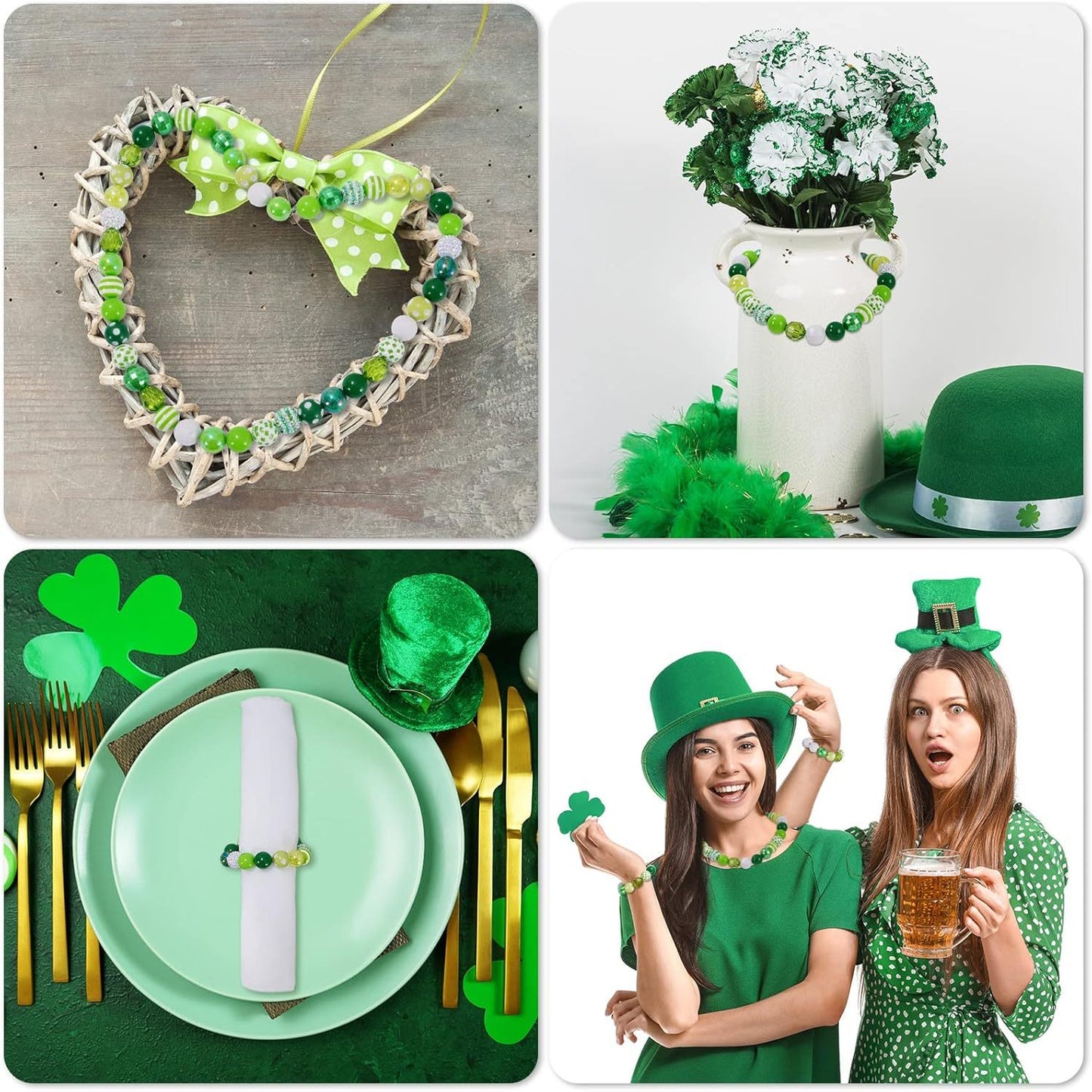 100pcs St. Patrick's Day Craft Beads Set - 20mm Glossy Green Shamrock & White Spacer Beads, Jumbo Plastic Bubblegum Beads with Clover Patterns for DIY Jewelry and Festive Crafts