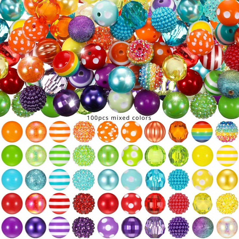 100pcs 20mm Beads for Pens Rhinestone Bubblegum Beads Mixed Crystal Resin Sugar Chunky for Pens Beadable Keychains DIY Craft Pen Jewelry Making Supplies