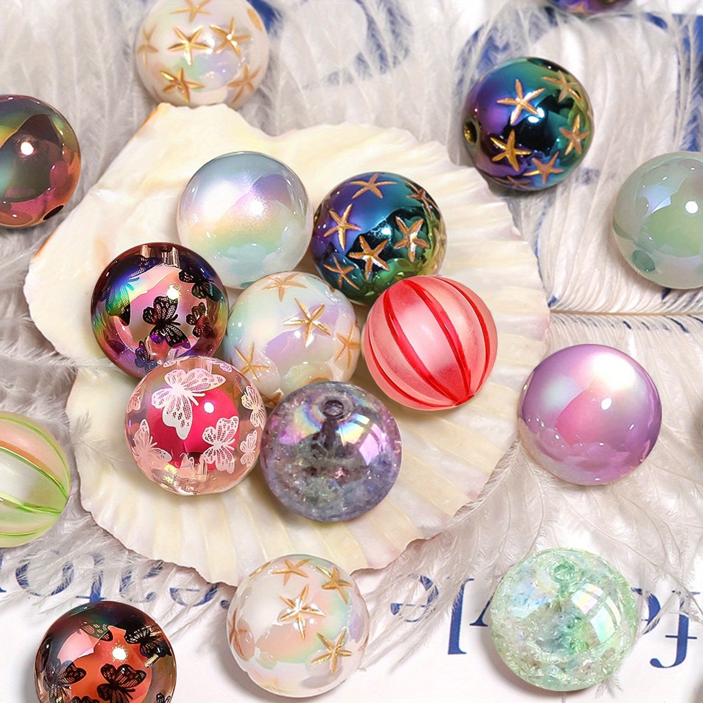 100pcs 16mm Assorted Acrylic and Resin Beads Transparent Printed Cat Eye Crackle Inner Beads for DIY Beadable Pens Keychains Phone Charms Crafts