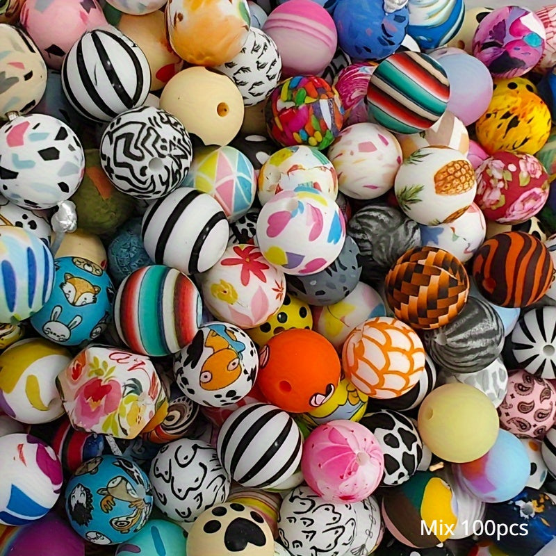 100pcs 15mm Patterned Silicone Beads Bulk Assorted Styles for DIY Bracelet Keychain Pen Necklace Jewelry Making Kit