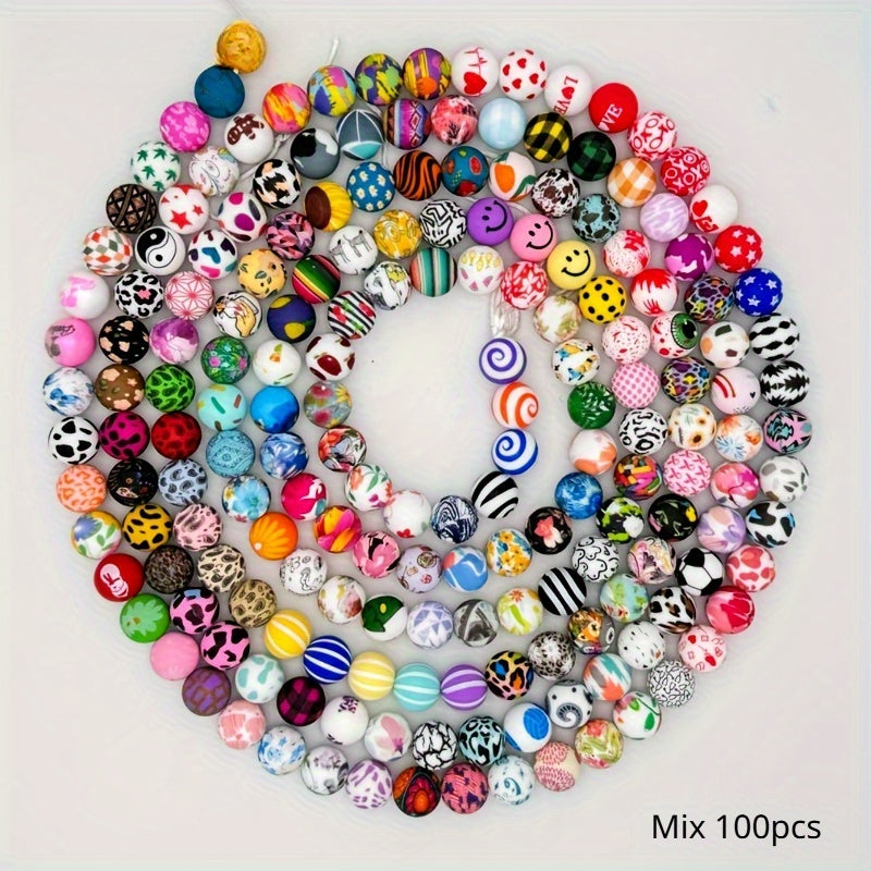100pcs 15mm Patterned Silicone Beads Bulk Assorted Styles for DIY Bracelet Keychain Pen Necklace Jewelry Making Kit