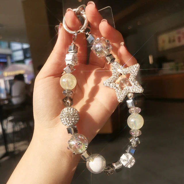 Mobile Phone Lanyard Short Pentagram Wrist Chain Full of Diamonds Luxury Crystal Beads Lanyard Mobile Phone Case Anti Loss Sling