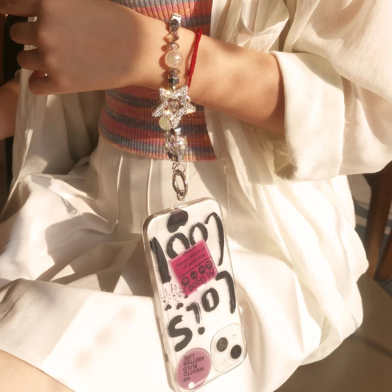 Mobile Phone Lanyard Short Pentagram Wrist Chain Full of Diamonds Luxury Crystal Beads Lanyard Mobile Phone Case Anti Loss Sling