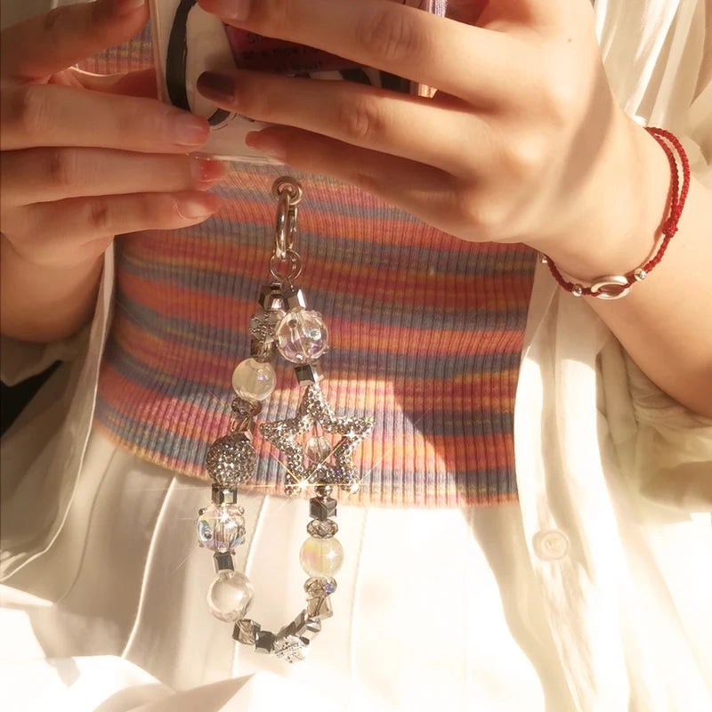 Mobile Phone Lanyard Short Pentagram Wrist Chain Full of Diamonds Luxury Crystal Beads Lanyard Mobile Phone Case Anti Loss Sling