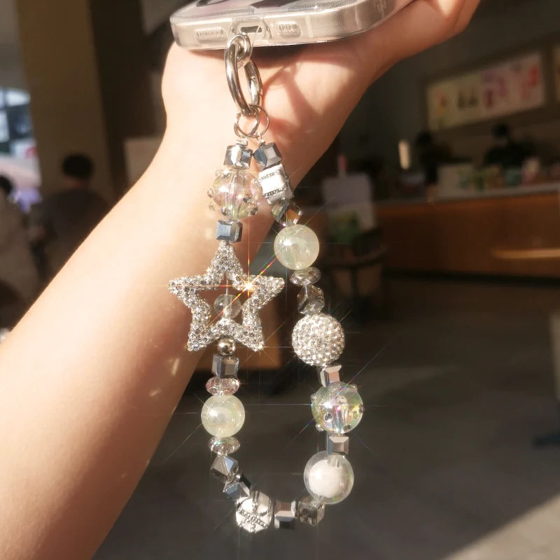 Mobile Phone Lanyard Short Pentagram Wrist Chain Full of Diamonds Luxury Crystal Beads Lanyard Mobile Phone Case Anti Loss Sling