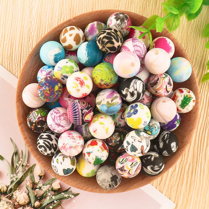 50Pcs/lot Printed Silicone Beads 15mm Round Leopard Terrazzo Dalmatian Camo Silicone Beads For Jewelry Making DIY Accessories