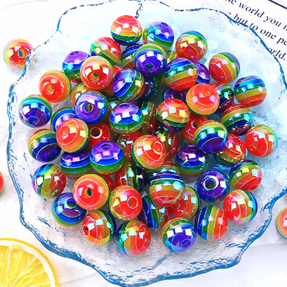 16mm 8pcs Stripe Rainbow Beads Round Acrylic Beads For DIY Bracelet Necklace Keychain Pen Beadable Jewelry Making Supplies