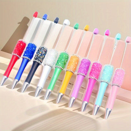 10pcs Beadable Ballpoint Pens Set - DIY Crystal Bead Craft Pens, Twist Closure, Medium Point, Oval-Shaped Plastic Body, Suitable for Ages 14+