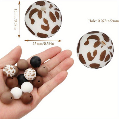 [100pcs Cow Print Silicone Beads] 100pcs 15mm Cow Print Silicone Beads with String, Round Brown and Blue Bulk Beads