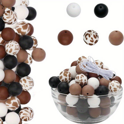 [100pcs Cow Print Silicone Beads] 100pcs 15mm Cow Print Silicone Beads with String, Round Brown and Blue Bulk Beads