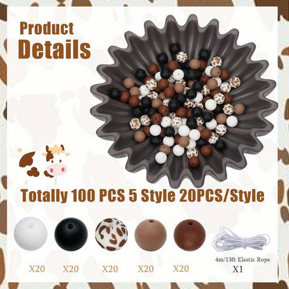 [100pcs Cow Print Silicone Beads] 100pcs 15mm Cow Print Silicone Beads with String, Round Brown and Blue Bulk Beads