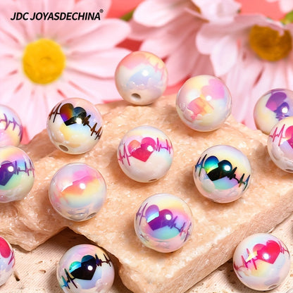 [40pcs Love ECG Beads] 40pcs UV Plated Color Acrylic Beads | Love ECG Printed DIY Beading Pen Jewelry Accessories Loose Beads