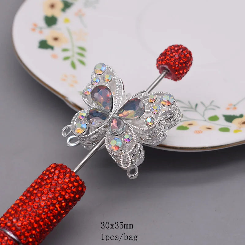 10pcs /bag Creative Glitter Metal Alloy Pink Purple Rhinestone Butterfly Beads for Jewelry Making DIY Bead Pen Accessories