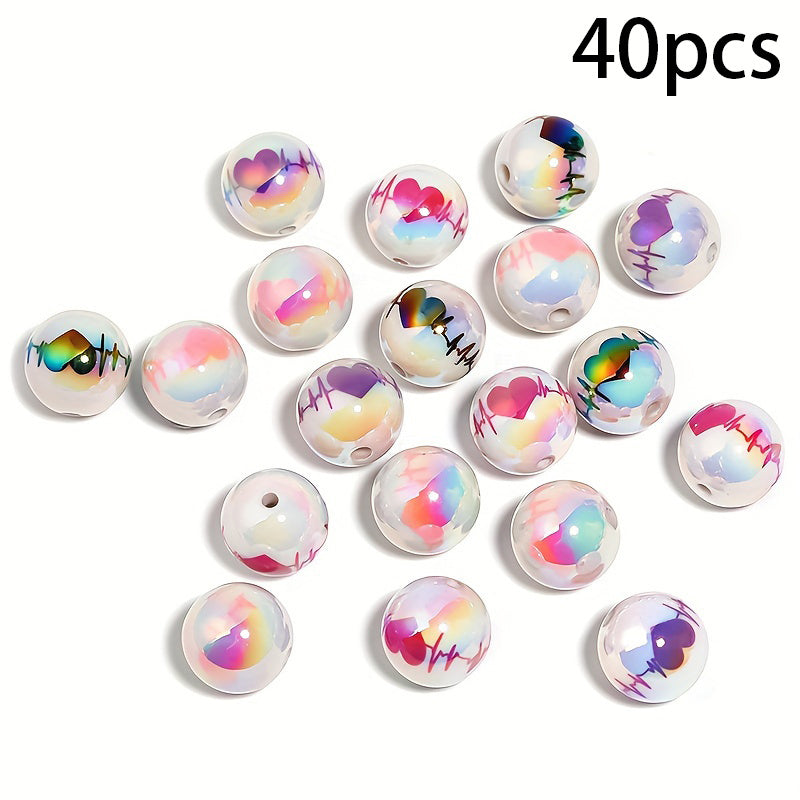 [40pcs Love ECG Beads] 40pcs UV Plated Color Acrylic Beads | Love ECG Printed DIY Beading Pen Jewelry Accessories Loose Beads