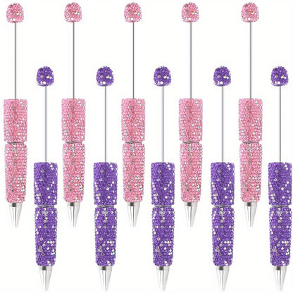 10pcs Glitter Beadable Pen Full Rhinestone Plastic Bead Ballpoint Pen Multicolor Fun Bling Retractable Beaded Writing Pen for DIY Craft Office Supplies