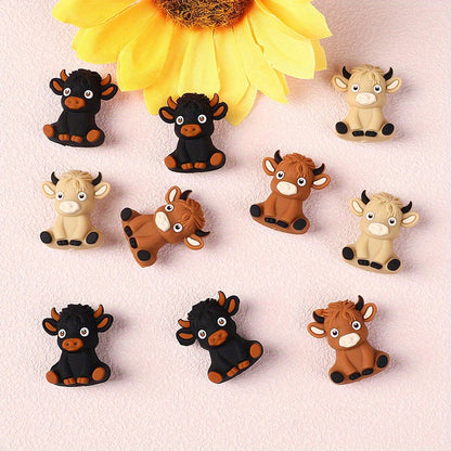 [15pcs Colorful Highland Cow Beads] 15pcs 3D Highland Cow Silicone Beads in 5 Colors Suitable for String Bead Accessories Jewelry Making Silicone Beads