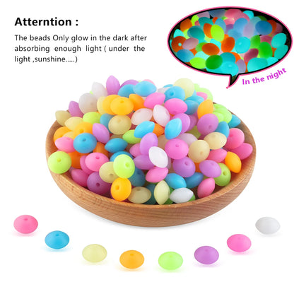 50Pcs 12MM Luminous Silicone Lentil Beads Glow In The Dark Loose Spacer Bead DIY Bracelet Necklace For Jewelry Making