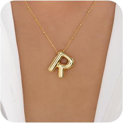 Bubble Letter Necklace Gold for Women,14K Gold Plated Bubble initial Necklace Layered Gold Initial Necklaces for Women Trendy Dainty Chunky Charm Name Necklace Gold Jewelry Set Gifts for her