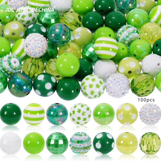 100pcs St. Patrick's Day Craft Beads Set - 20mm Glossy Green Shamrock & White Spacer Beads, Jumbo Plastic Bubblegum Beads with Clover Patterns for DIY Jewelry and Festive Crafts