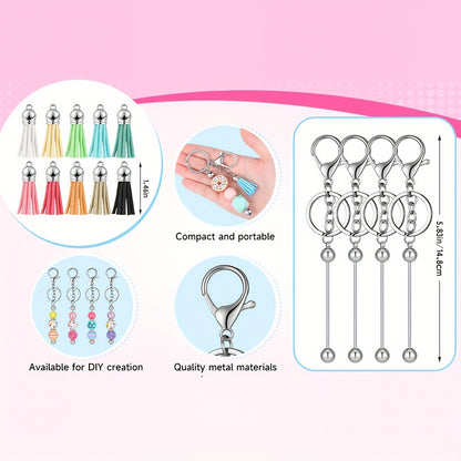 40pcs Beadable Keychains Bars Metal Beaded Keychain Blank Keychain Strips and Colorful Leather Keychain Tassel Loose for DIY Keychain Pendant Jewelry Crafts