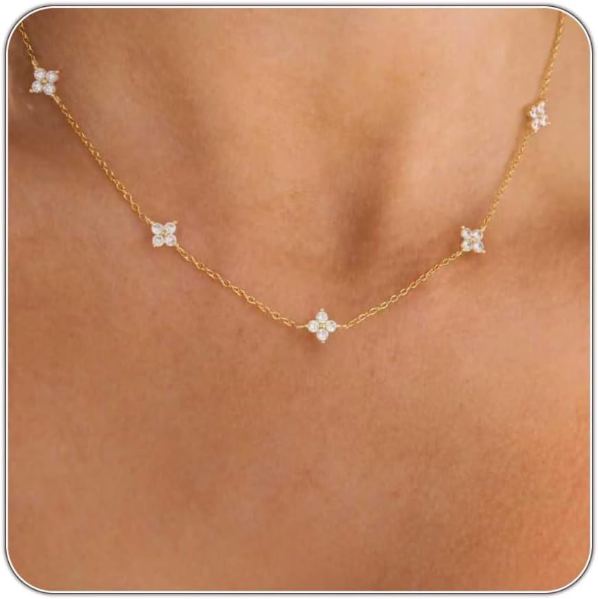 Dainty Silver Gold Necklaces for Women Cute Station Choker Simulated Diamond Necklace Simple Layering CZ Necklace Trendy Jewelry Gifts