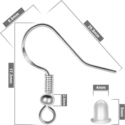 925 Sterling Silver Earring Hooks 120 PCS/60 Pairs, Ear Wires Fish Hooks, Hypo-allergenic Jewelry Findings Parts with 120 PCS Clear Silicone Earring Backs