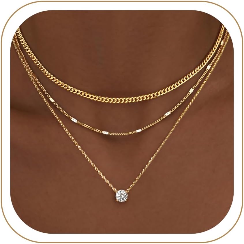 WomenGifts Layered Gold Necklaces for Women, 14K Gold Sterling Silver Plated Dainty Pendant Necklace Set Non Tarnish, Chunky Stackable Cuban Chain Choker, Trendy Birthstone Vacation Jewelry Gift