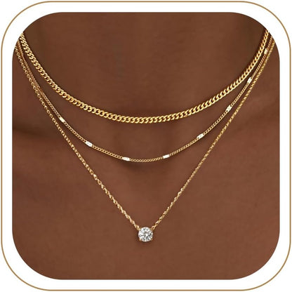 WomenGifts Layered Gold Necklaces for Women, 14K Gold Sterling Silver Plated Dainty Pendant Necklace Set Non Tarnish, Chunky Stackable Cuban Chain Choker, Trendy Birthstone Vacation Jewelry Gift